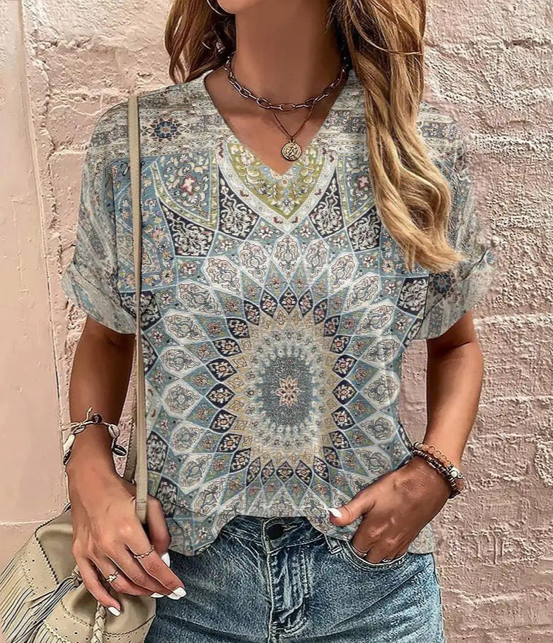 Printed V-Neck Boho Tee