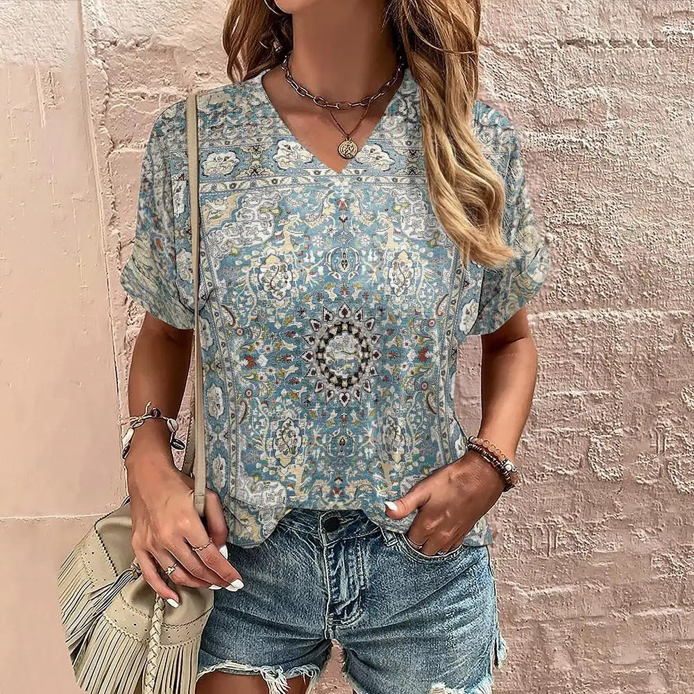 blue Printed V-Neck Boho Tee