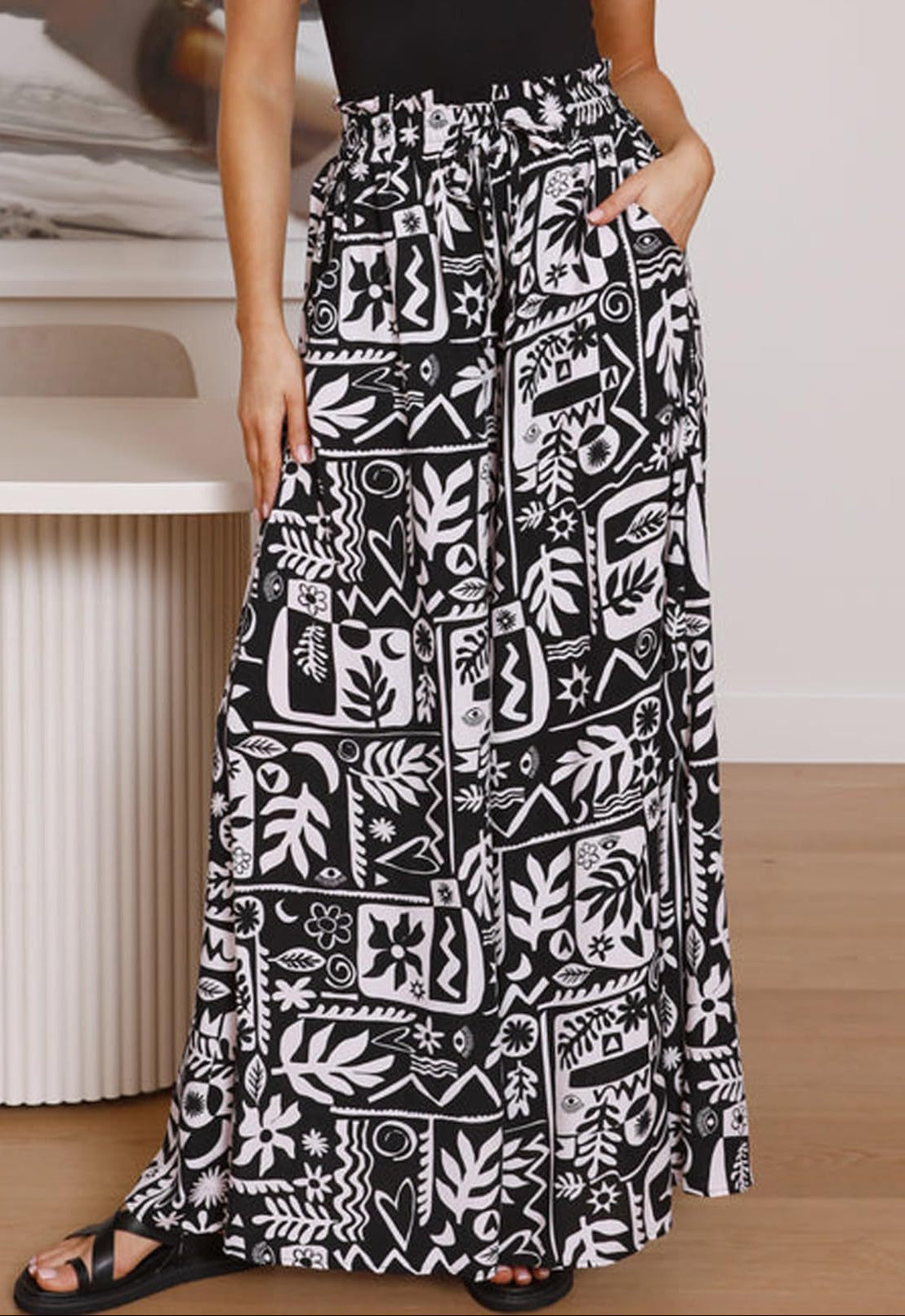 black Printed Wide Leg Bohemian Trousers
