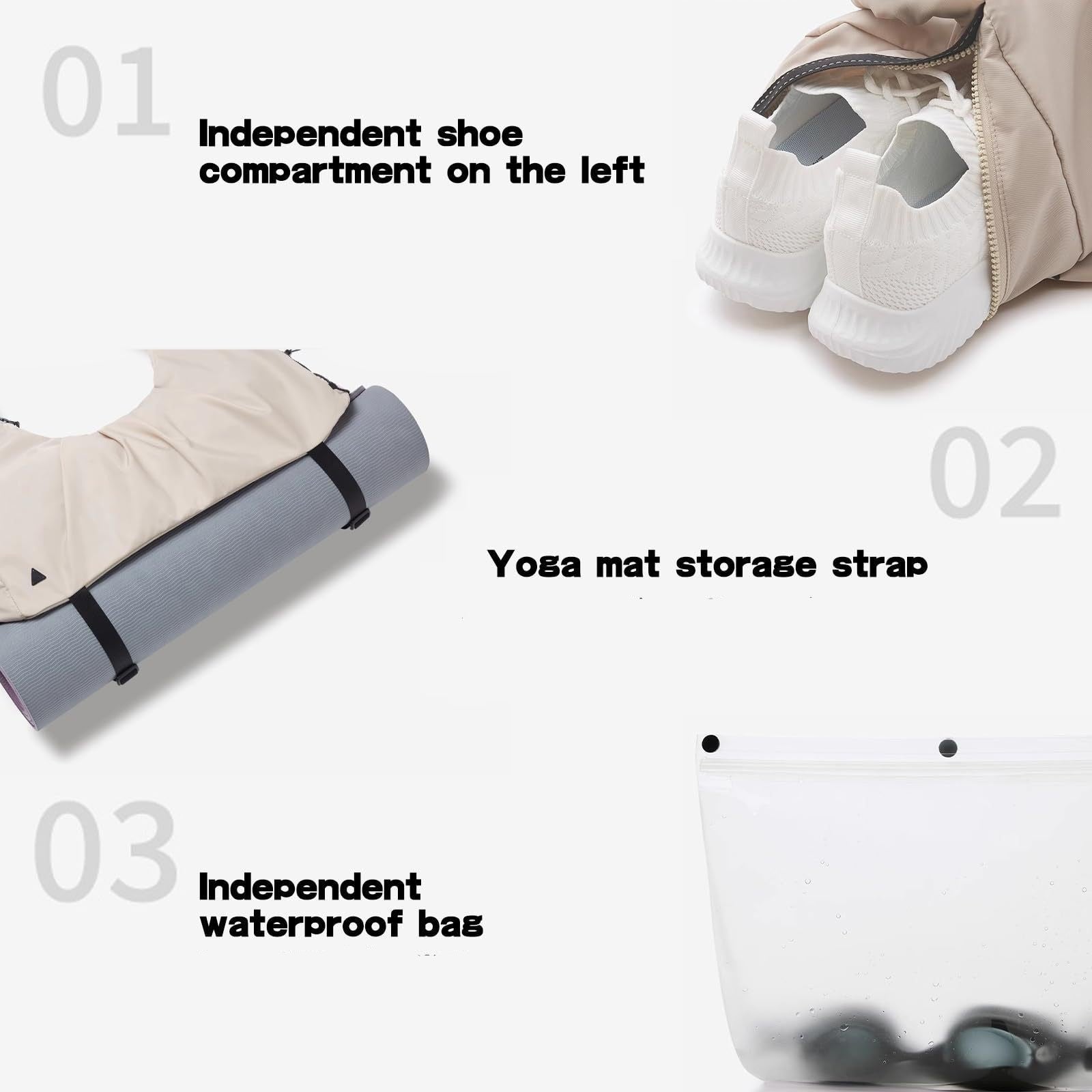 Product features with text on shoe compartment, yoga mat storage strap, and independent waterproof bag.
