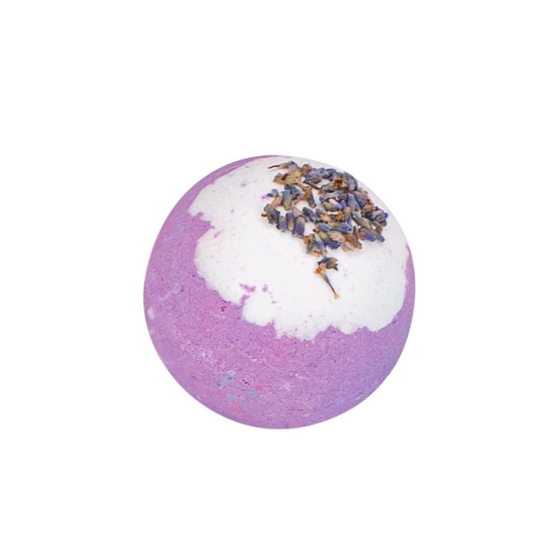 Purple bath bomb with white top and lavender petals on a white background