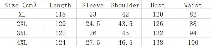 Table displaying clothing size chart with measurements in centimeters