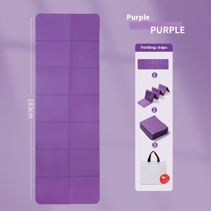 Purple folding mat with dimensions and folding steps on a purple background
