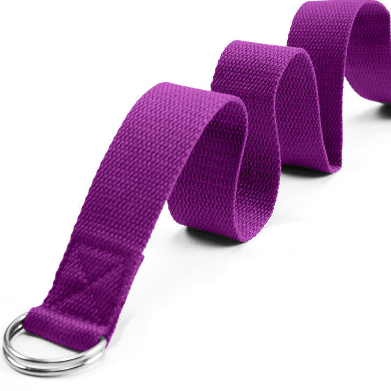 Purple yoga strap with a metal ring on a white background