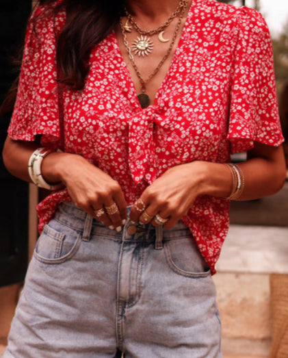 Red Boho Floral Printed Half Sleeve Blouse