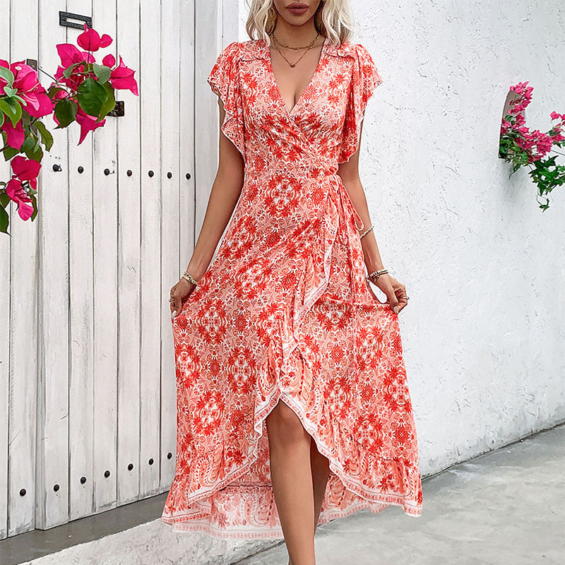 Red Boho Summer wrap Dress