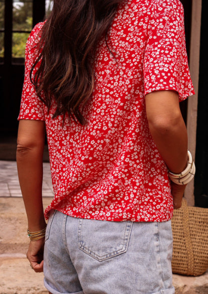 Red floral Printed Half Sleeve Blouse