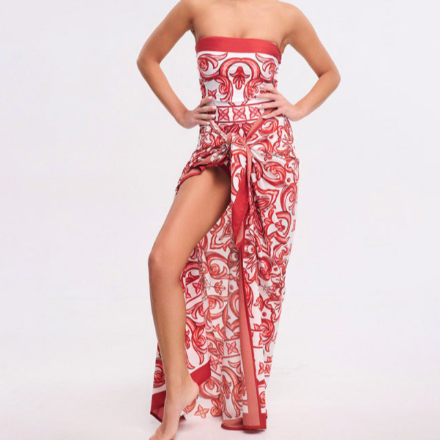 Red and White Printed One Piece Swimsuit with Skirt Cover Up