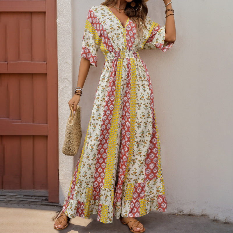 Retro Bohemian Jumpsuit with Pink and Yellow Pattern