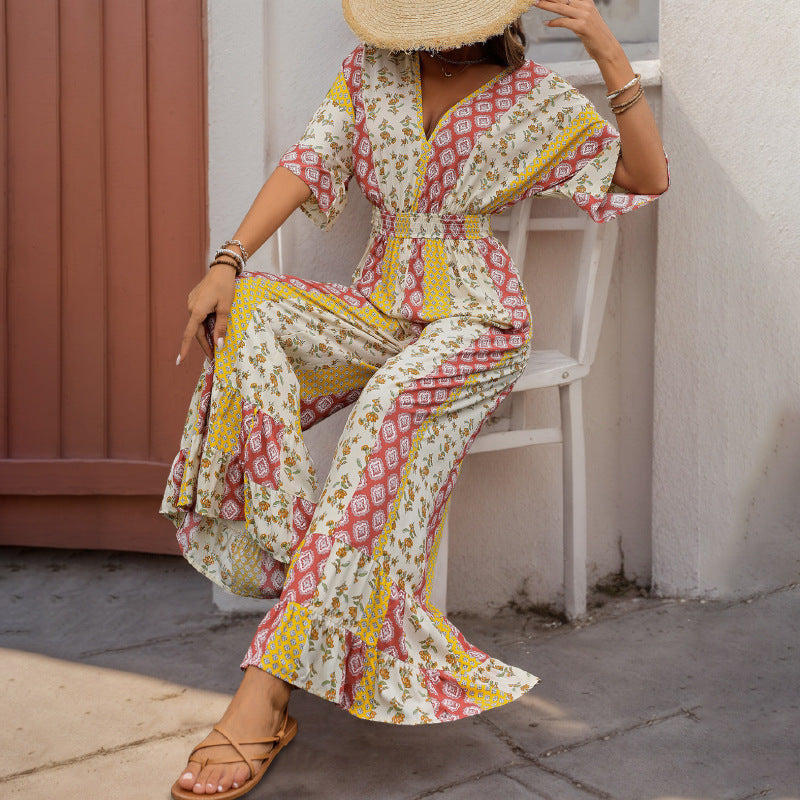 Retro Bohemian Jumpsuit with Pink and Yellow Patterns