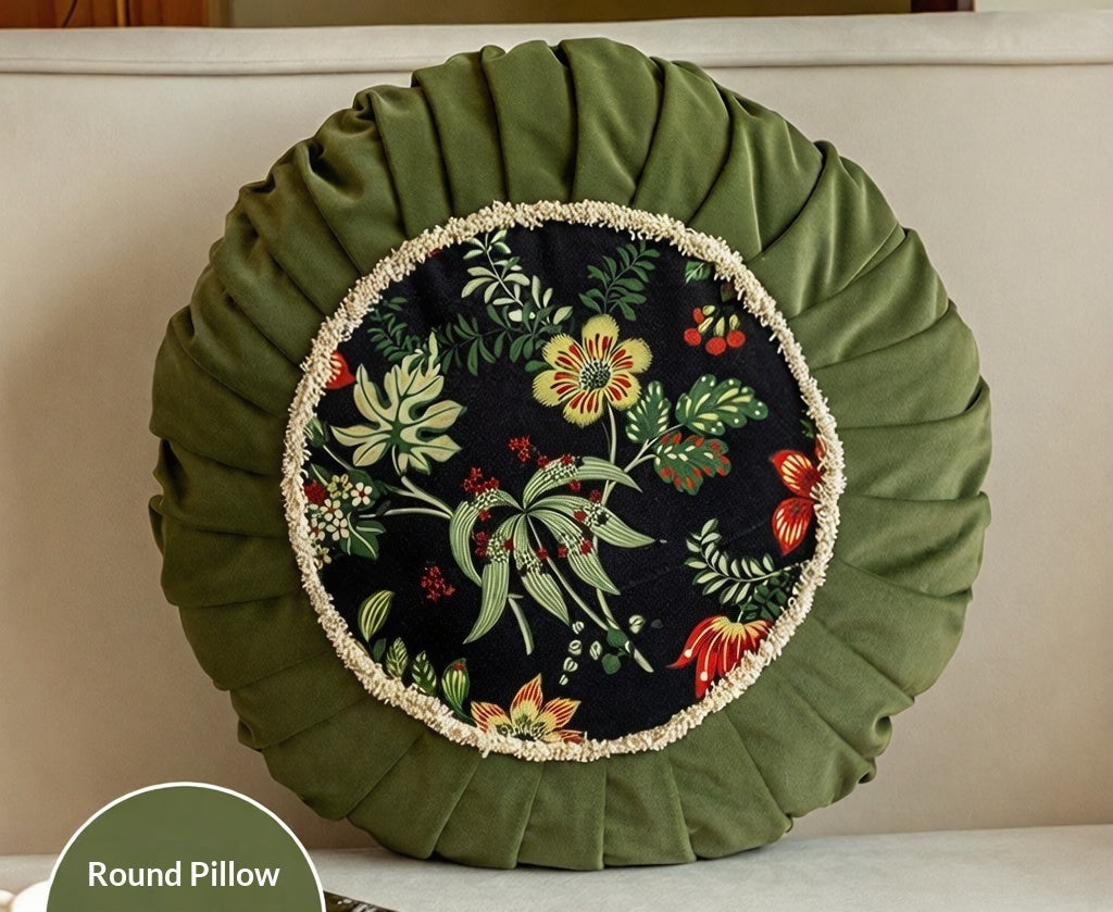 green Round Boho Back Seat Cushion with Floral Pattern