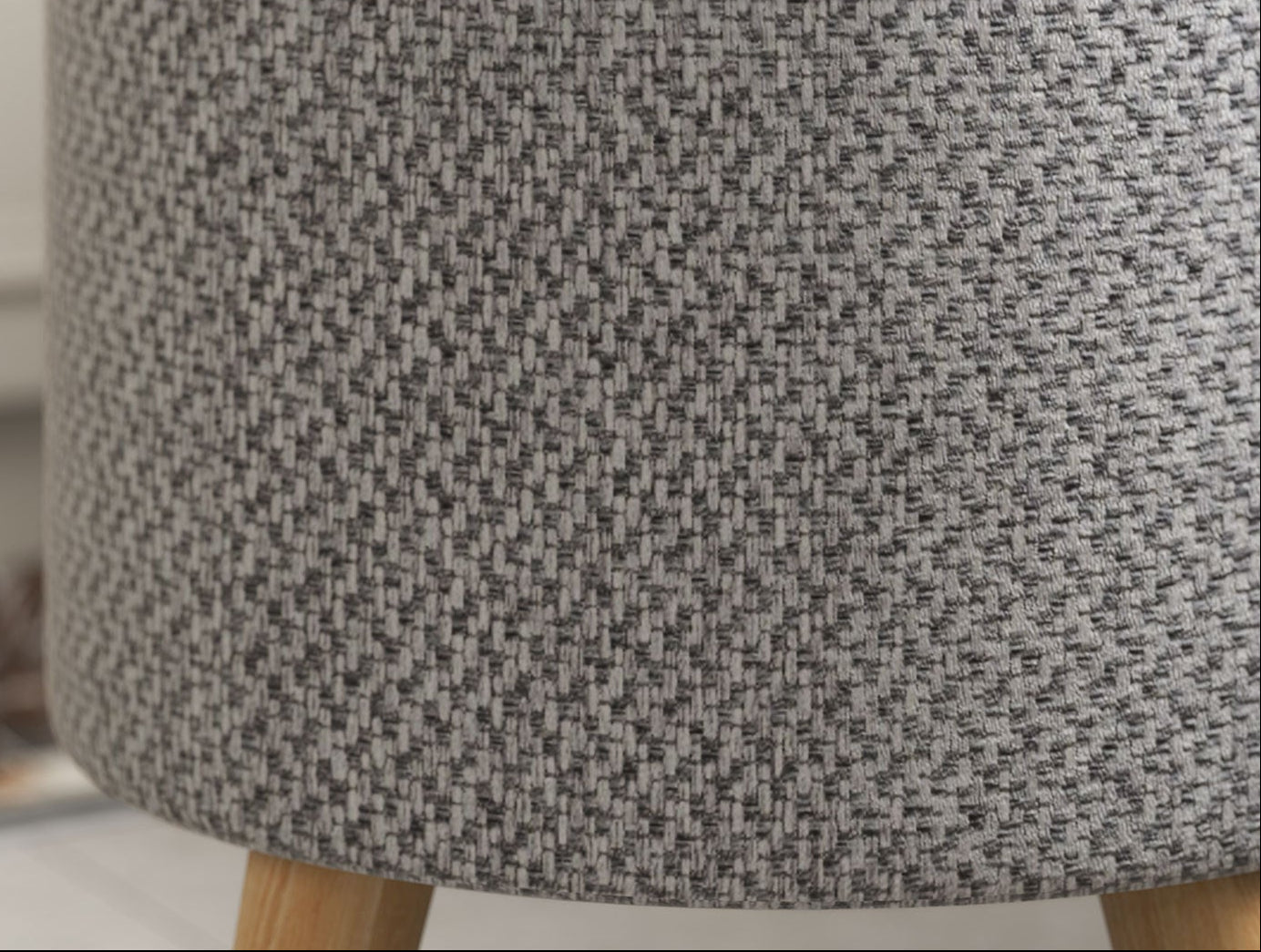 Round Gray Storage Ottoman with Wood Legs