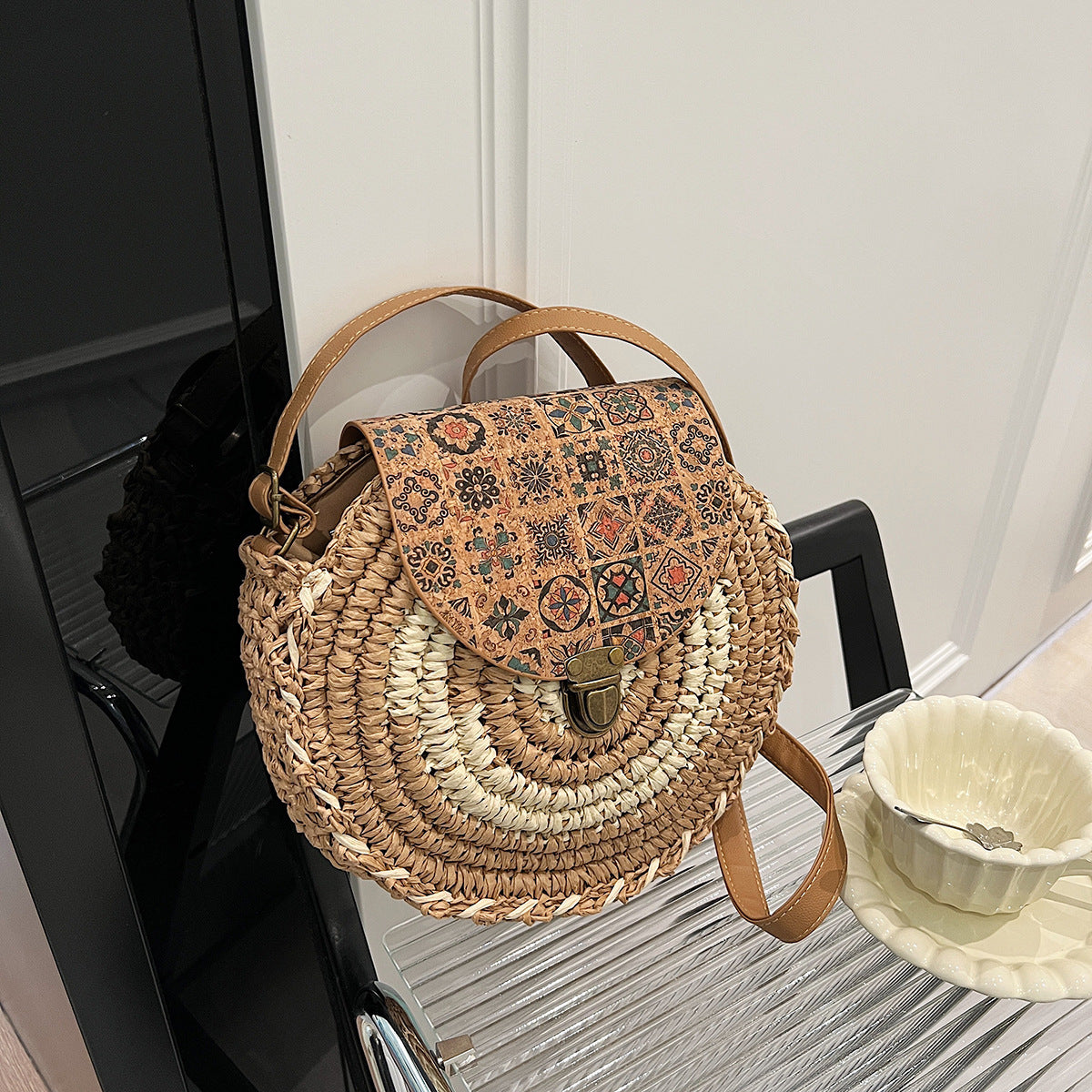 Round Rattan Boho Crossbody Bag