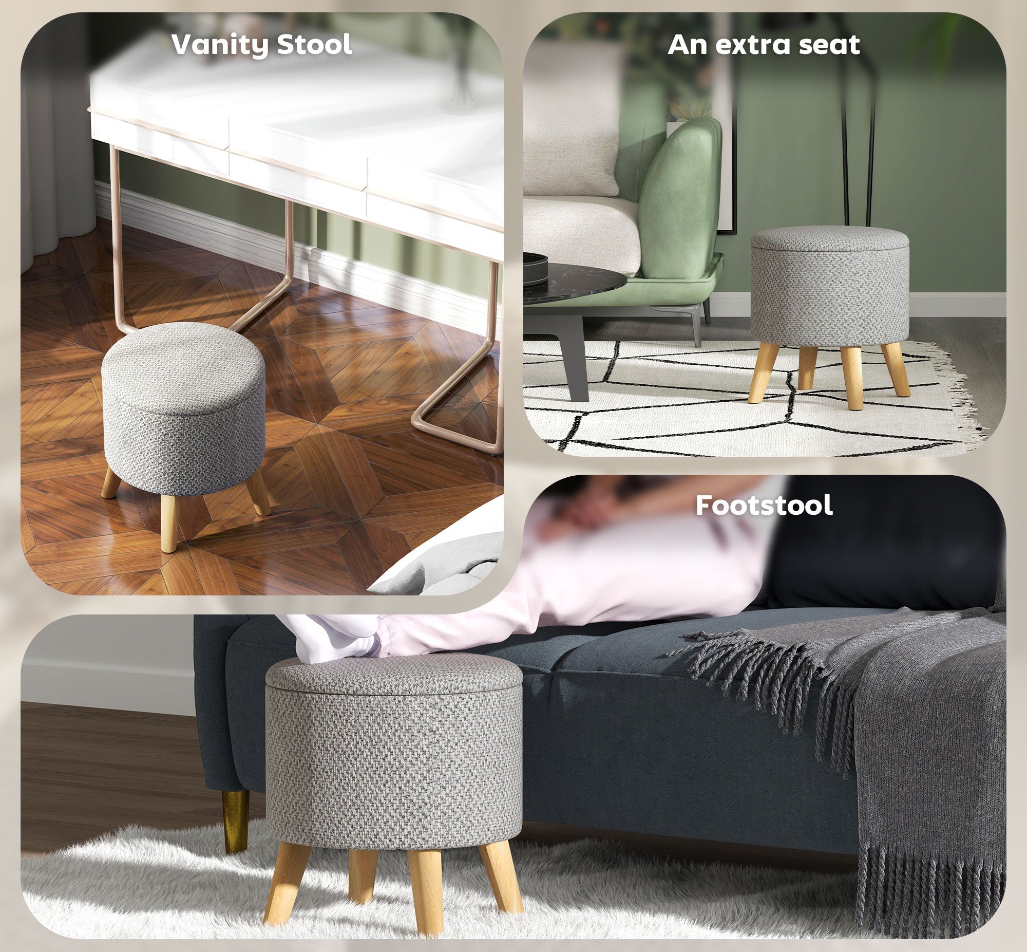 Round Storage Ottoman with Wooden Legs