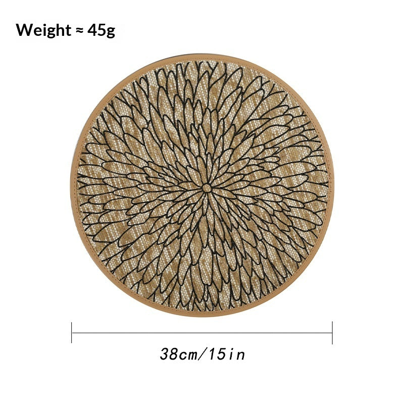 Round wooden coaster with floral pattern and measurements on a white background