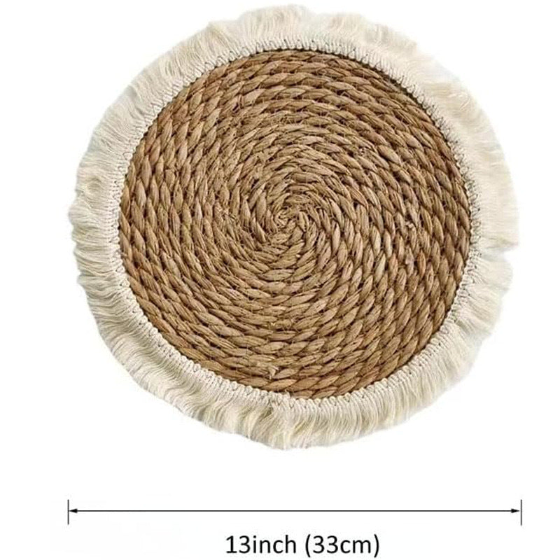 Round woven mat with fringes and measurements on a white background