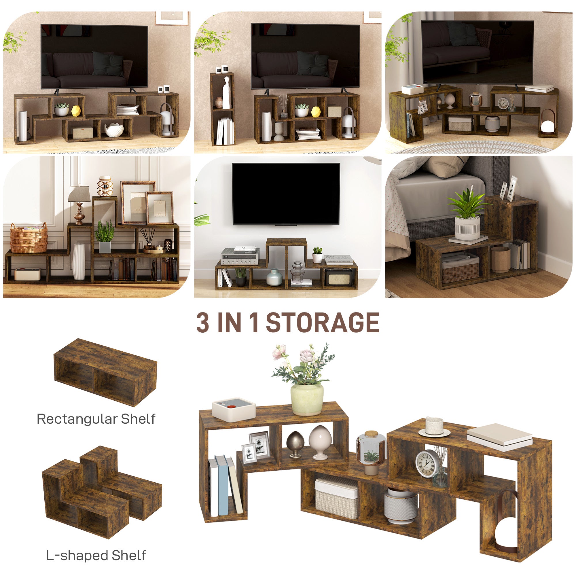 Rustic Dark Brown TV Stands with Open Shelves