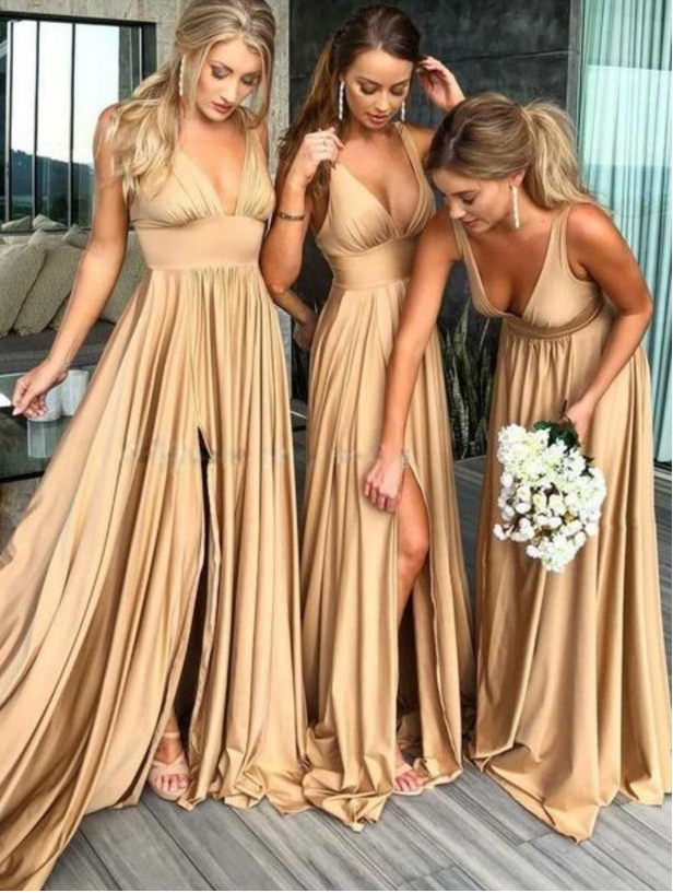 Satin Deep V-Neck Boho Bridesmaid Dress with High Slit