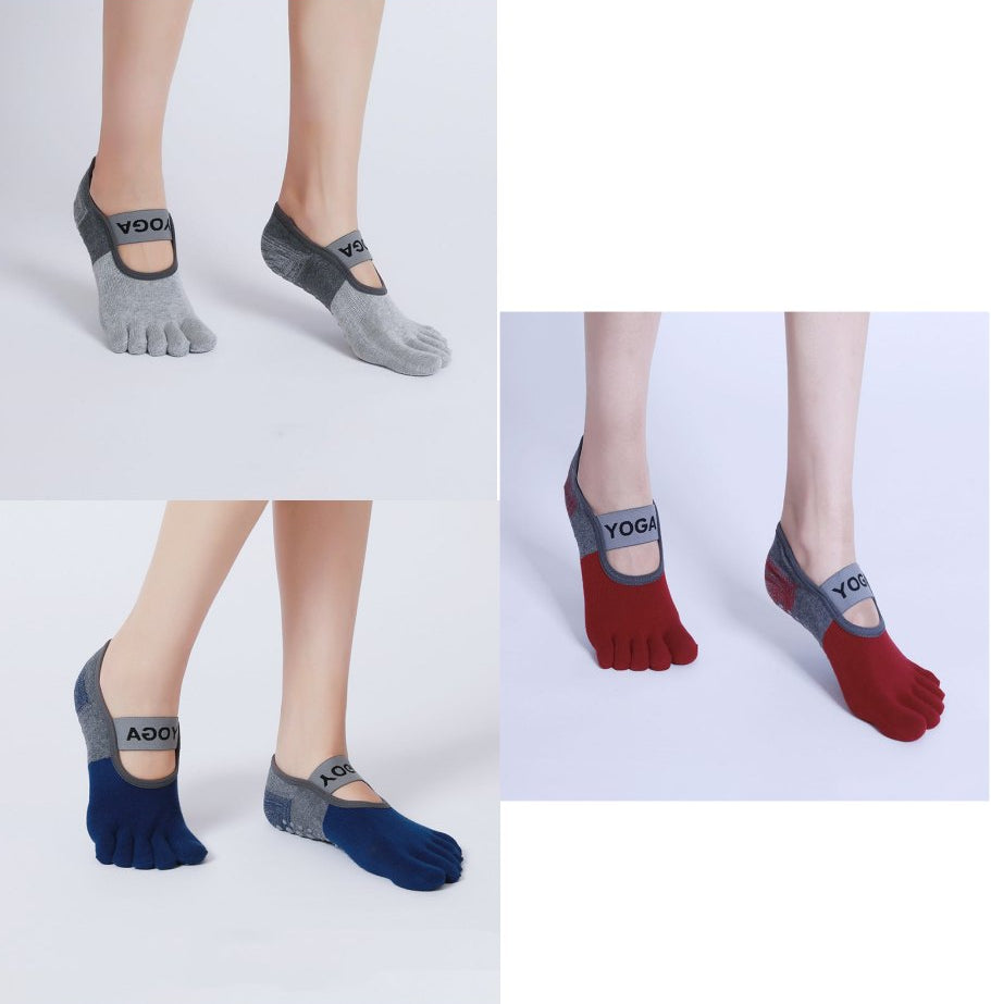 Set of five-toe socks in gray, red, and blue on a white background