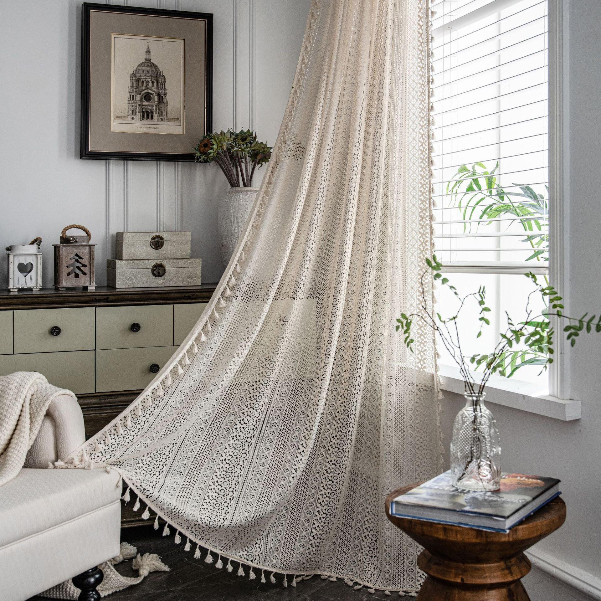 Sheer Beige Boho Curtain with Tassels