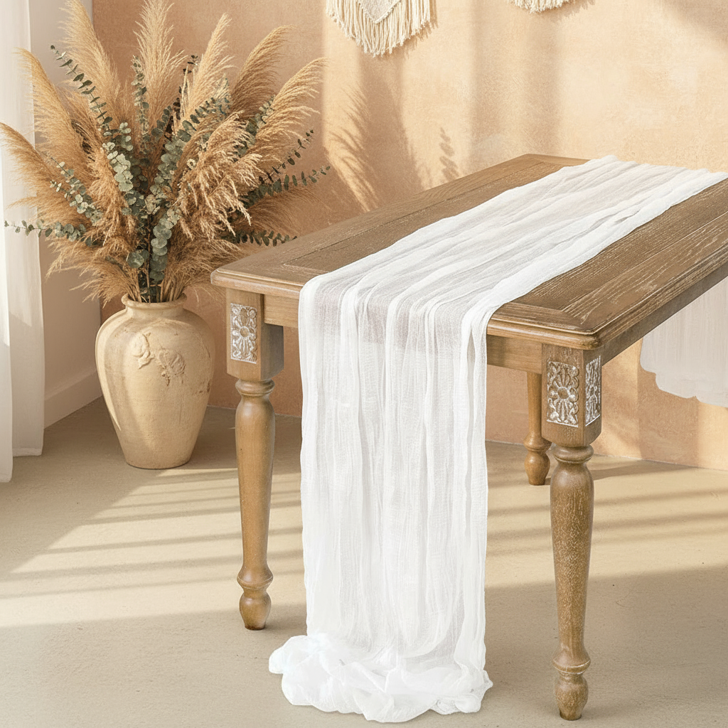 white Sheer Bohemian Table Runner for Boho Weddings