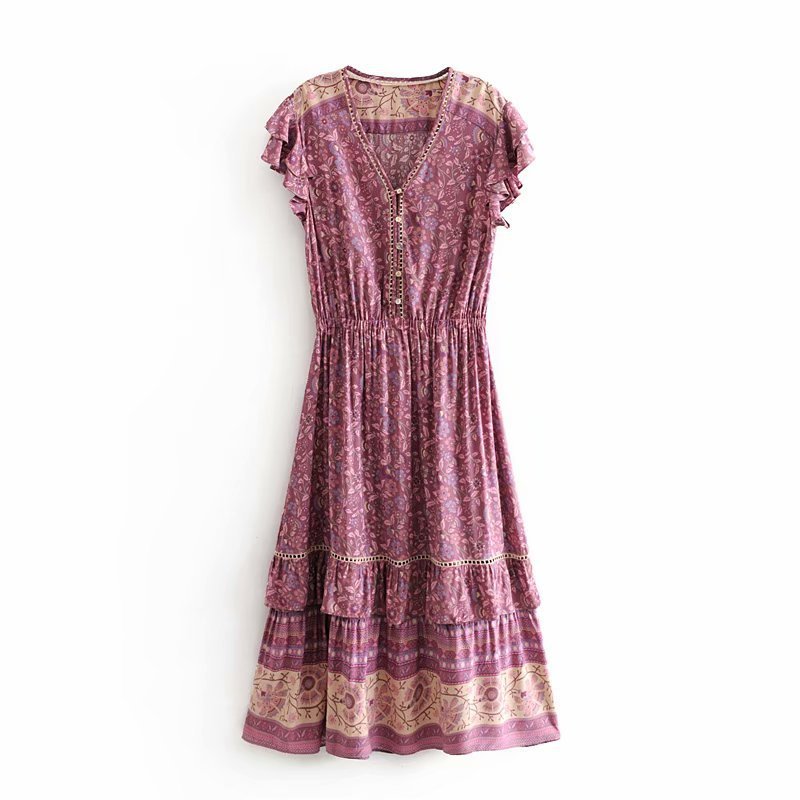 Short Sleeve Boho Dress with Buttons