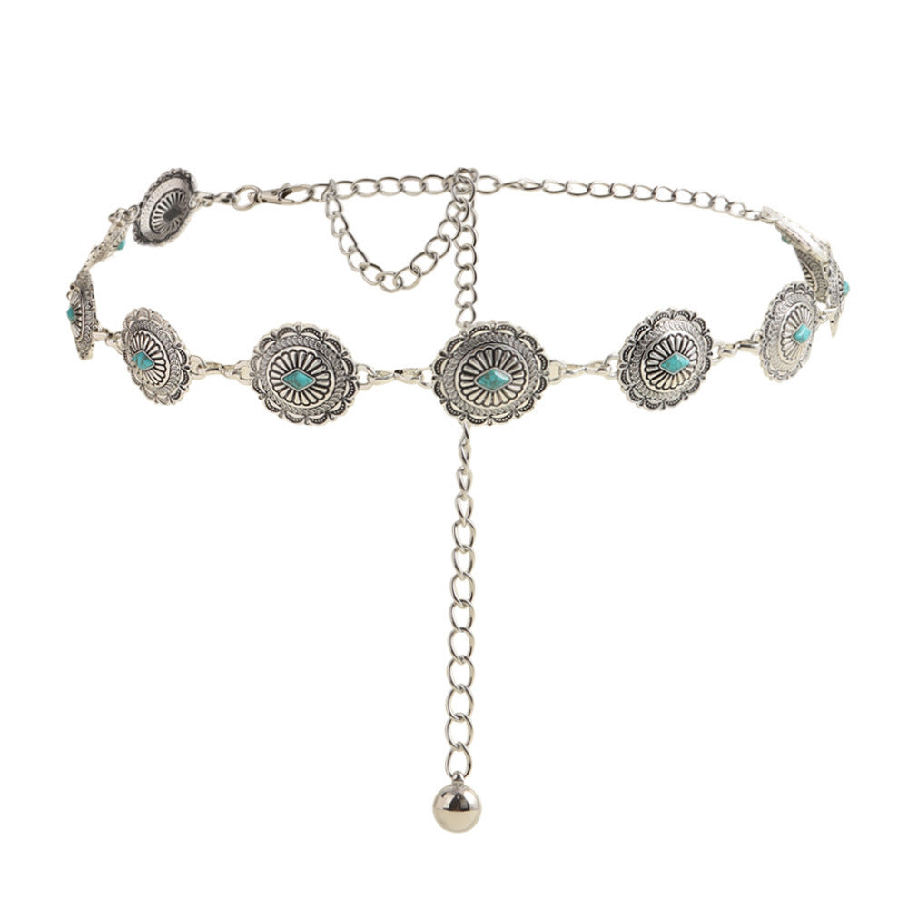 Silver Boho Concho Belt with Blue Gemstones