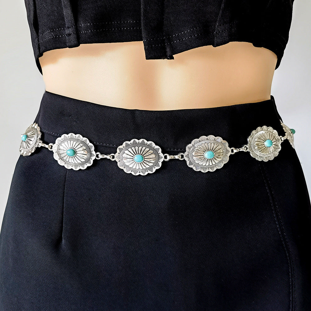 Silver Boho Concho Belt with Blue Gemstones