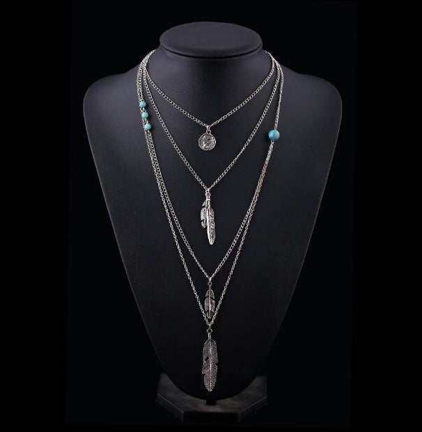 Silver Boho Multi Layer Necklace with Feather Charms