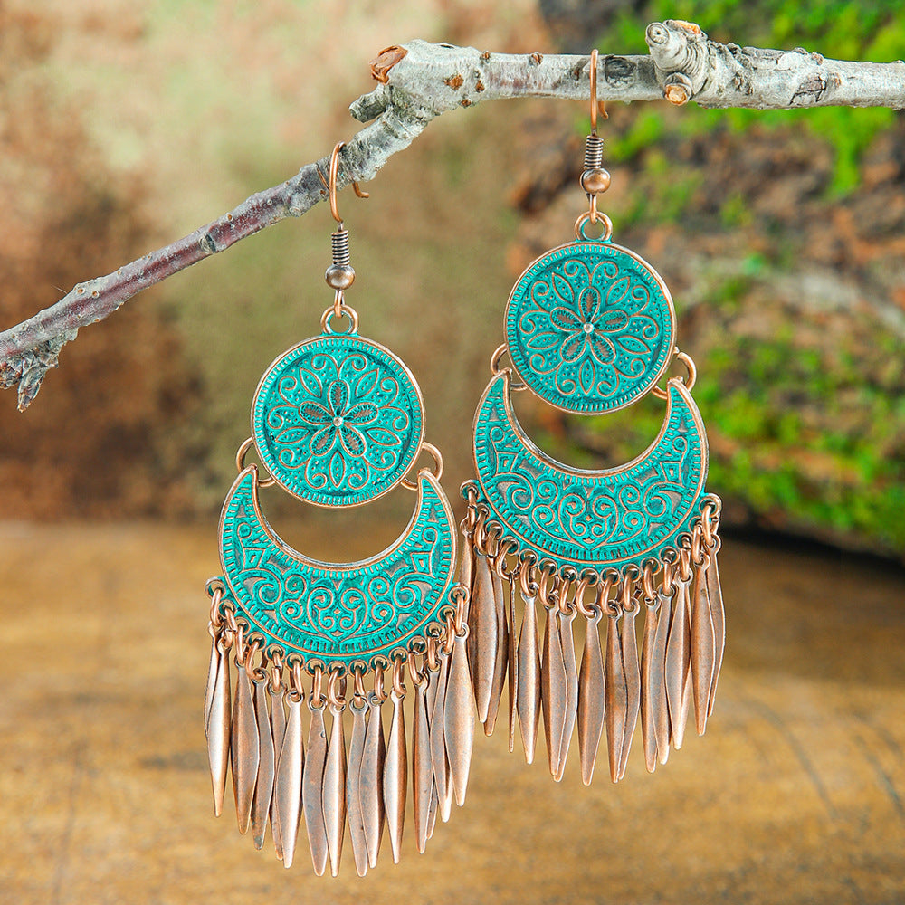 blue Silver Tassel Earrings Boho Style