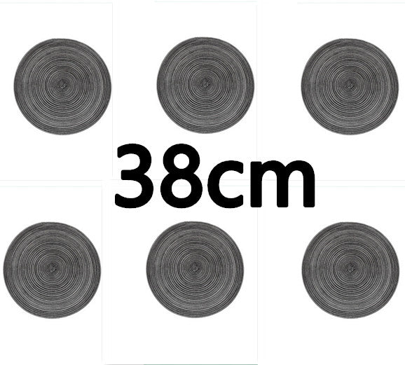 Six circular black coasters with a diameter of 38cm on a white background.