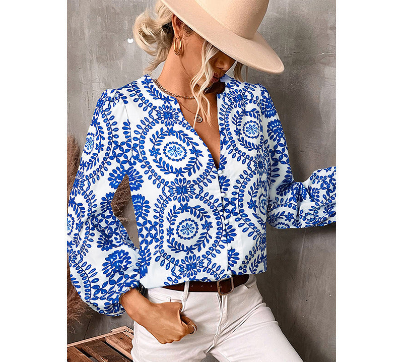 Long Sleeved Boho Shirt in White and Blue