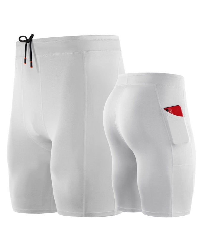 white Slim Fit Men's Short Leggings for Yoga with Pockets