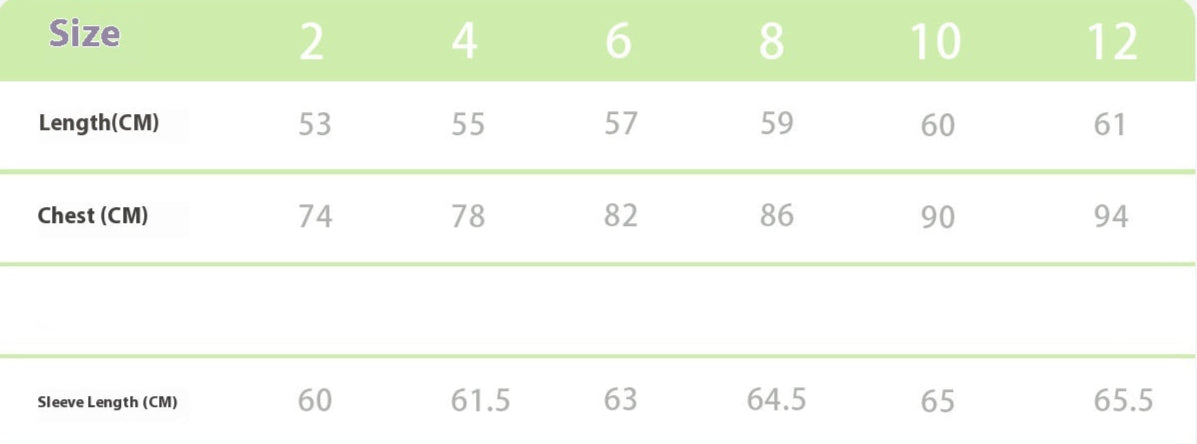 Size chart for clothing with measurements in centimeters