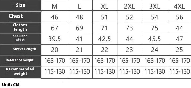 Size chart for clothing with measurements in centimeters and millimeters