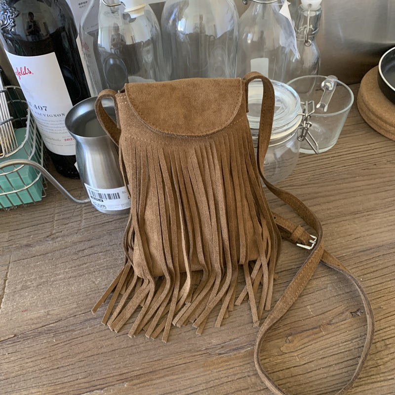 beige Small Bohemian Crossbody Purse Fringe Detail