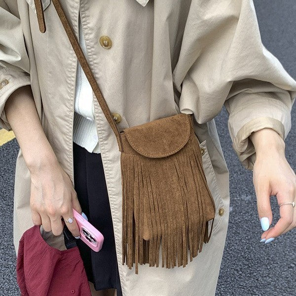 brown Small Bohemian Crossbody Purse Fringe Detail