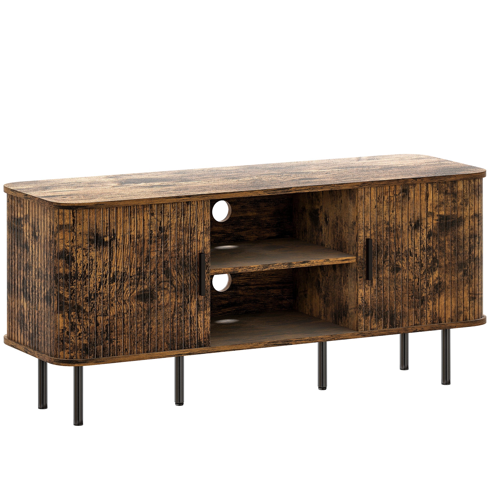 Wooden TV stand with a rustic finish on a white background