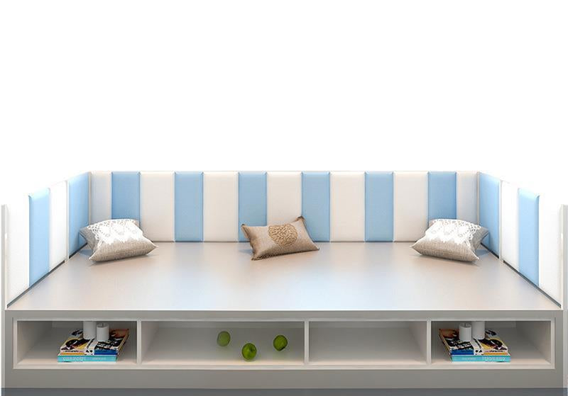 White and blue striped bed with storage shelves on a white background