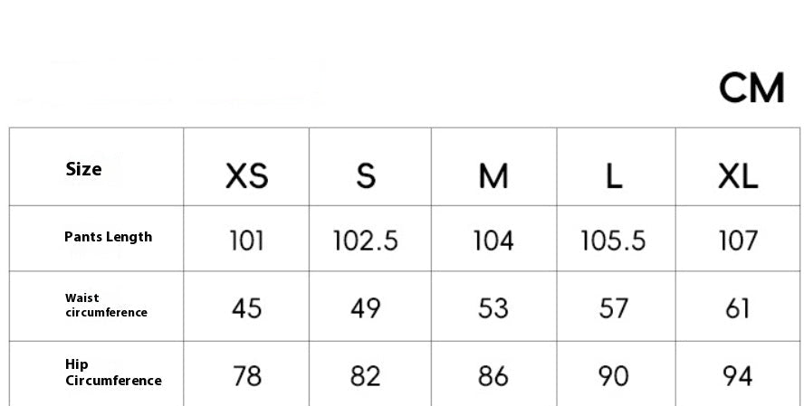 Size selection chart for pants with measurements in centimeters