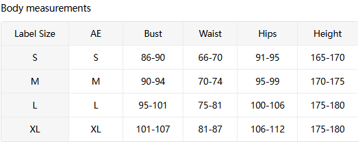 Table displaying body measurements for clothing sizes S to XL with corresponding ranges.
