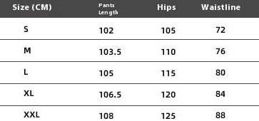 Waist chart for pants with size measurements in centimeters