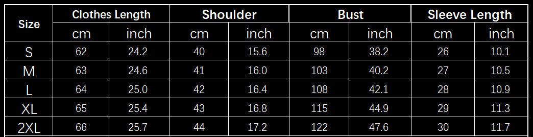 Clothing size chart with measurements for clothes length, shoulder, bust, and sleeve length.