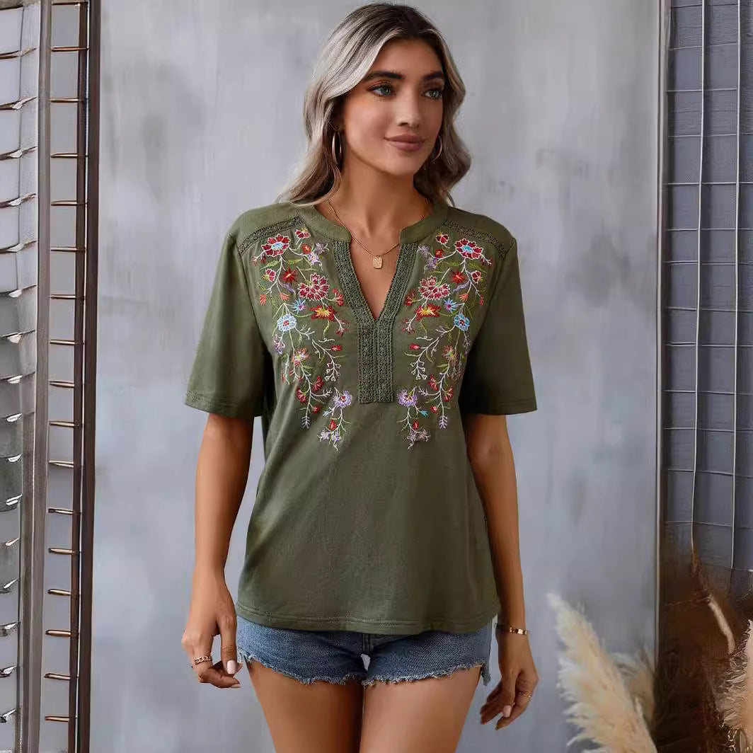 V-Neck Summer Top with Embroidered Flowers