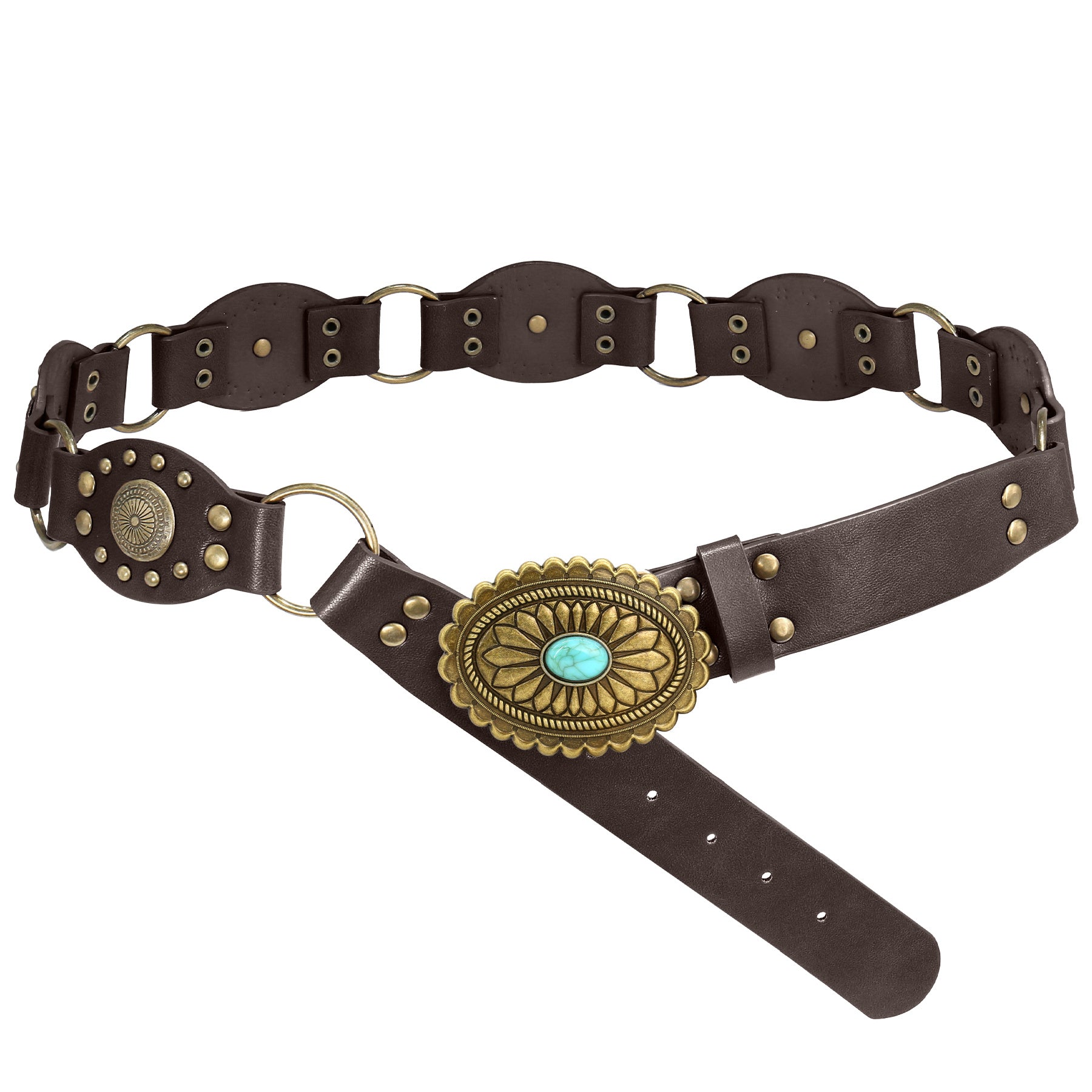 Brown leather belt with gold and turquoise concho on a white background