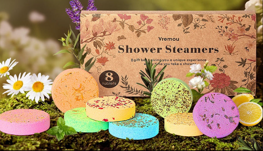 Vremou shower steamers with a box on a natural background