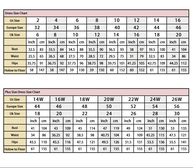 Dress size chart with various measurements for different sizes.