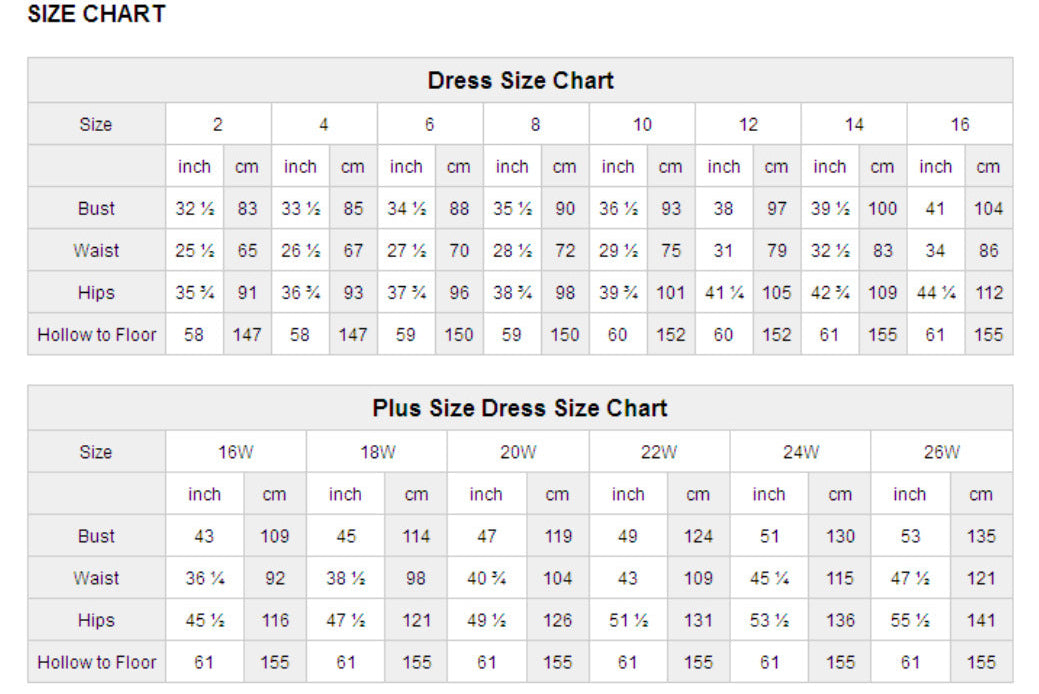 Dress size chart with measurements for bust, waist, and hips in both standard and plus sizes.