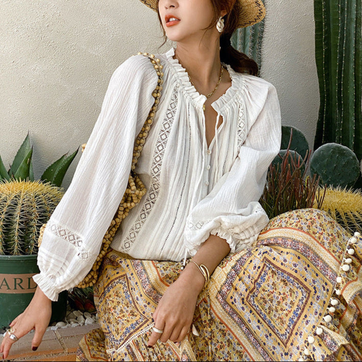 White Boho Chic Long Sleeve Shirt
