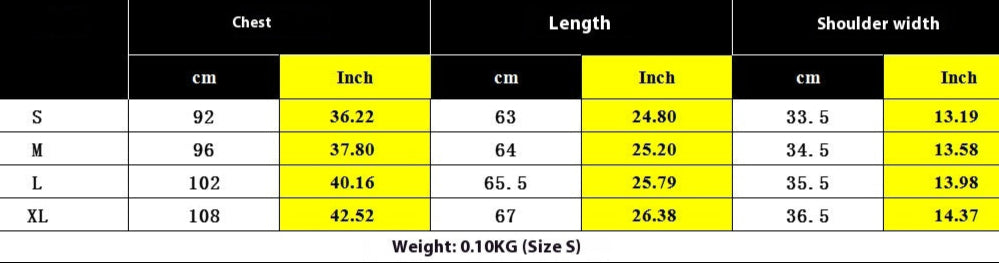 Measurement size table for a garment with dimensions in centimeters and inches.